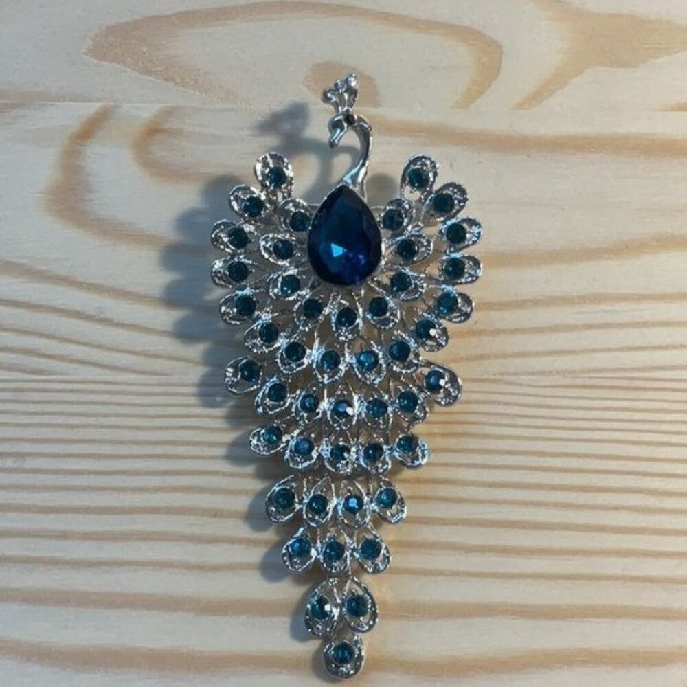 Silver Tone Blue Rhinestone Articulating Dangle Phoenix Brooch Pin Statement